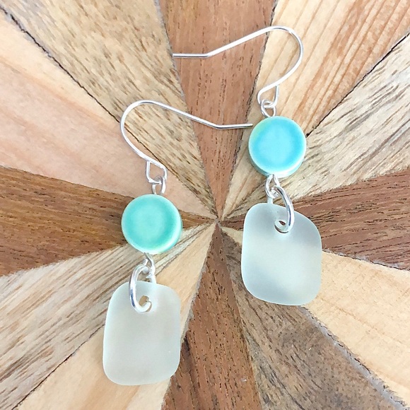 Artisan Jewelry - Genuine Sea Glass Beaded Boho Beach Drop Earrings